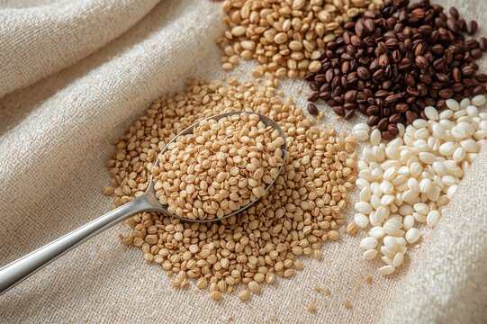 Spoonful of buckwheat seeds on textured cloth background, healthy breakfast ingredients, close-up of raw grains - Powered by Adobe
