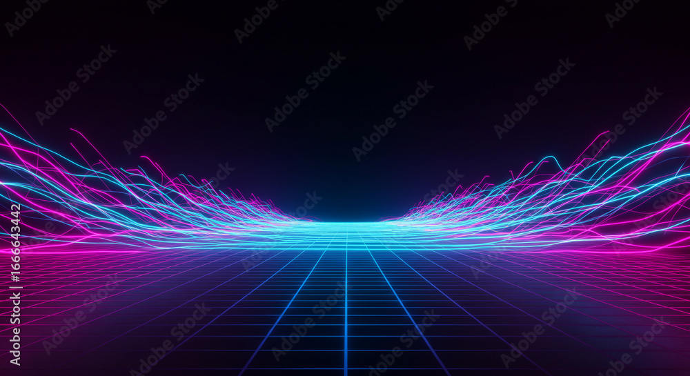 Poster abstract blue fractal light lines forming a technology-inspired grid pattern on a black space backdr