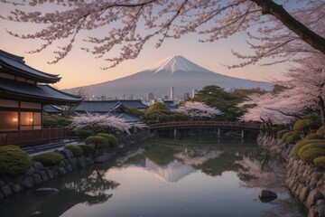 Fototapeta premium Friedliche japanische Landschaft mit Kirschblüten, traditionellem Haus und dem Berg Fuji im Hintergrund bei Sonnenuntergang