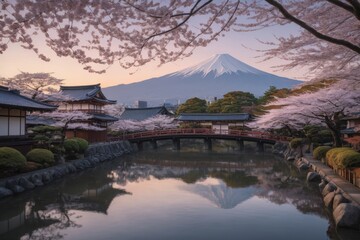 Obraz premium Friedliche japanische Landschaft mit Kirschblüten, traditionellem Haus und dem Berg Fuji im Hintergrund bei Sonnenuntergang