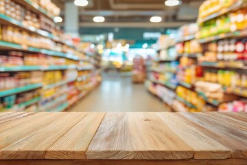 A blurred grocery store aisle with a wooden table in the foreground, highlighting a variety of products on the shelves.