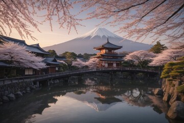 Obraz premium Friedliche japanische Landschaft mit Kirschblüten, traditionellem Haus und dem Berg Fuji im Hintergrund bei Sonnenuntergang