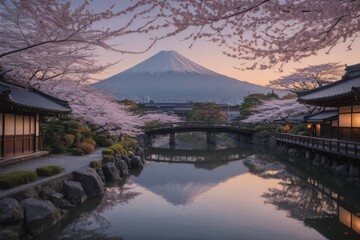 Obraz premium Friedliche japanische Landschaft mit Kirschblüten, traditionellem Haus und dem Berg Fuji im Hintergrund bei Sonnenuntergang