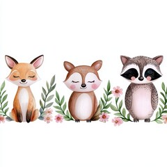 Obraz premium Watercolor set of forest cartoon isolated cute baby fox deer raccoon and owl animal with flowers. Nursery woodland illustration. Bohemian boho drawing for nursery poster pattern.