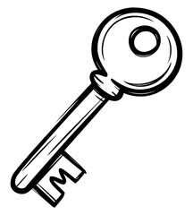 Vector sketch of antique vintage key illustration in black and white hand drawn style