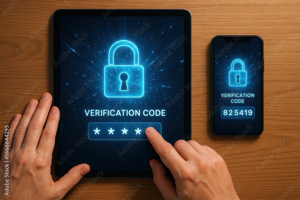 Aufkleber secure access: hands interact with a tablet, highlighting digital security, verification code, data 