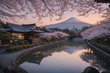 Fototapeta premium Friedliche japanische Landschaft mit Kirschblüten, traditionellem Haus und dem Berg Fuji im Hintergrund bei Sonnenuntergang