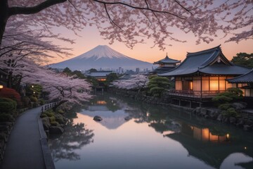 Naklejka premium Friedliche japanische Landschaft mit Kirschblüten, traditionellem Haus und dem Berg Fuji im Hintergrund bei Sonnenuntergang