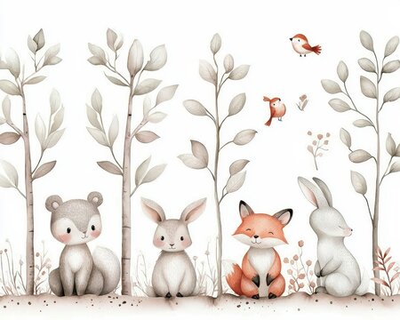 Woodland cartoon Animals watercolor illustration template. Pre made frame for baby shower birthday invitation kids baby deer fox in the forest. Cute bear rabbit and birds. Adorable