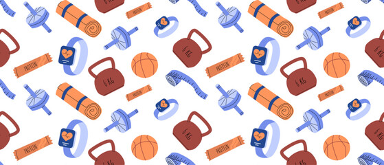 Colorful fitness pattern with weights, yoga mats, dumbbells, and basketballs.