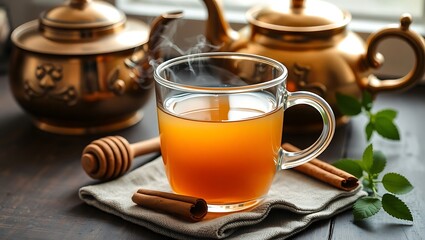 Hot Sbiten in a clear glass cup with visible steam, placed on a linen napkin with a honey dipper, cinnamon bark, and a vintage copper kettle in the background, traditional style