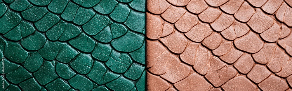 Poster a close-up view of textured surfaces resembling scales, featuring green and copper colors, showcasin