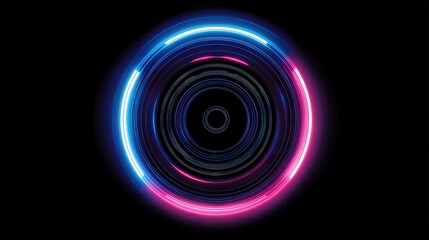 A vibrant, abstract circular design featuring glowing blue and pink light trails against a dark background, creating a sense of movement and depth.