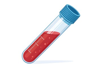 Flat vector illustration of blood sample test tube with red liquid and blue cap, medical laboratory design