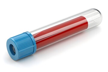 3D medical test tube with red blood sample, laboratory analysis bottle isolated on white background