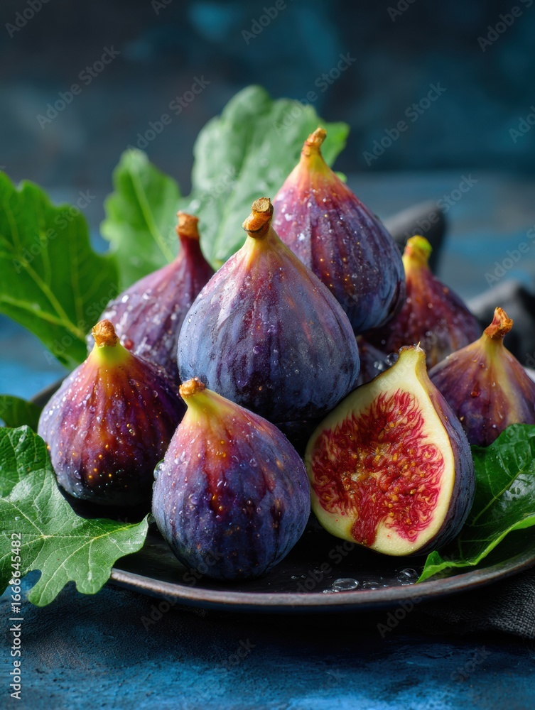 Aufkleber fresh figs arranged on a plate with green leaves adding color and texture in a vibrant setting