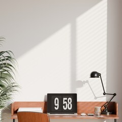 Modern Home Office Interior with Wooden Desk, Chair, and Vertical Blank Frame Mockup on Wall
