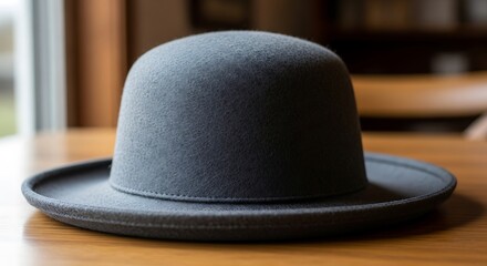 Felt bowler hat resting elegantly on a wooden table with soft natural light creating a vintage mood