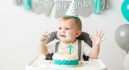 An adorable baby boy with cake on his face celebrates his first birthday in a high chair a perfect messy and joyful milestone moment for any family to cherish