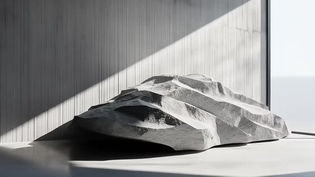 Abstract Grey Stone Sculpture with Dynamic Shadow Play against Minimalist Concrete Wall