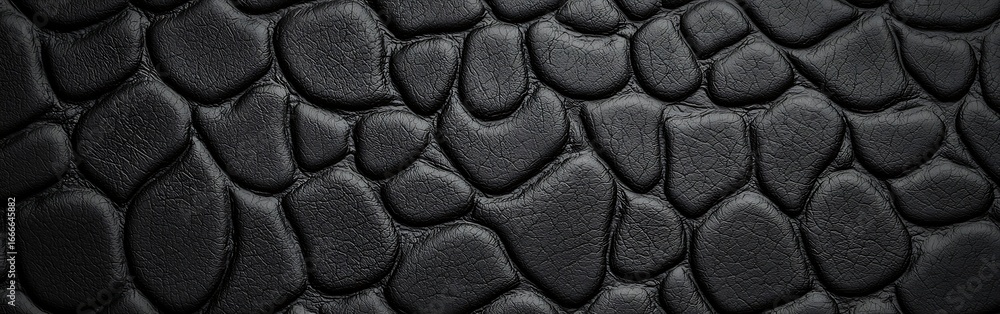 Poster a close-up view of a textured black leather surface featuring a pattern of rounded shapes, showcasin