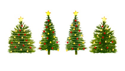 Set watercolor festive Christmas trees decorated with red yellow balls garland golden star on top hand drawn isolated on white background