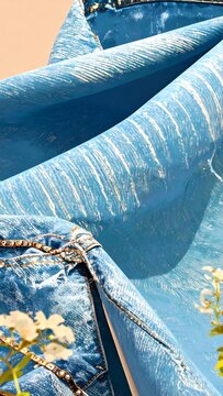 Ripped, blue denim fabric draped