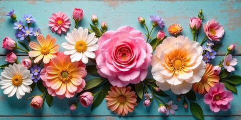 A vibrant arrangement of assorted blossoms, showcasing delicate petals and lush greenery on a rustic teal surface