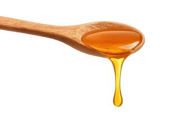 Honey dripping from wooden spoon on transparent background