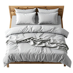 Cozy bed with wooden headboard and white linen on transparent background