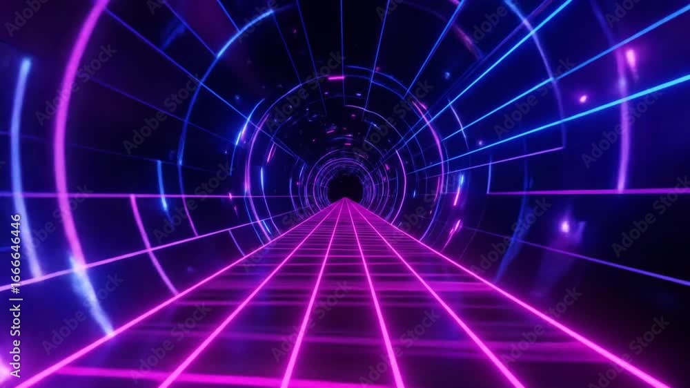 Poster abstract neon tunnel with geometric grid in blue and pink futuristic motion background with dark spa
