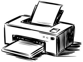 Vector sketch illustration of office printer machine in black and white hand drawn style
