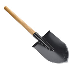 Heavy duty steel shovel with wooden handle on transparent background