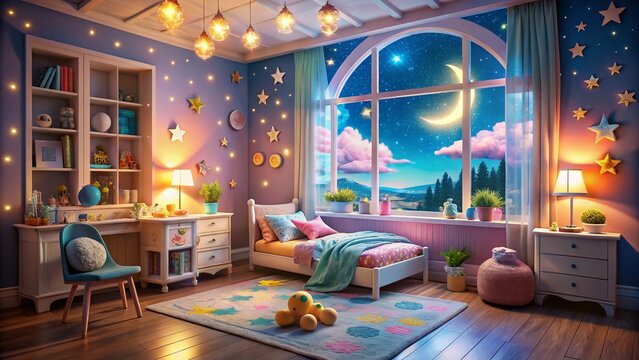Whimsical Child's Bedroom with Starry Night Sky & Moon, Perfect for Dreamy Bedtime Stories and Children's Products