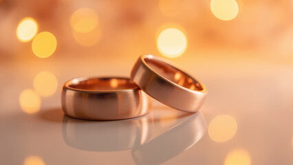 Elegant wedding rings with warm glow, symbolizing love and commitment, set against soft bokeh background