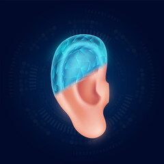 Obraz premium Ear realistic shape model with translucent polygon on dark blue background. Medical science technology. Treatment with prosthetic organs concept. Vector EPS10.