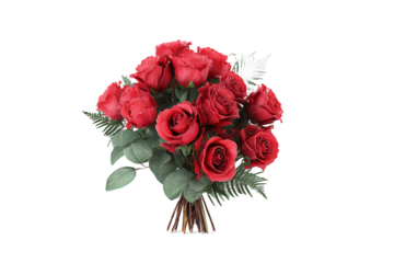 Vibrant Red Roses Bouquet with Eucalyptus and Fern Leaves, isolated on white transparent background
