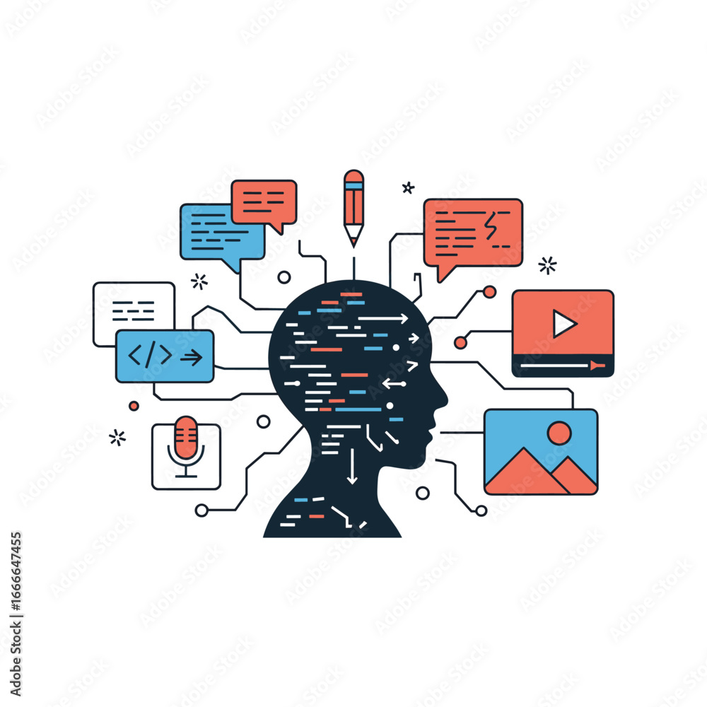 Aufkleber artificial intelligence brain processing digital information and multimedia content technology conce