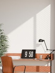 Modern Home Office Interior with Wooden Desk, Chair, and Vertical Blank Frame Mockup on Wall