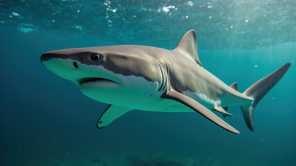Obraz premium Majestic shark gliding through clear blue waters, showcasing its sleek body and powerful fins. underwater scene captures beauty of marine life