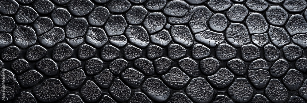 Poster a close-up view of a textured black surface resembling reptile skin, featuring a pattern of scales i