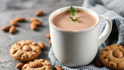 Hot cocoa with almond milk in a rustic cup, almond cookies on the side, healthy warm drink scene