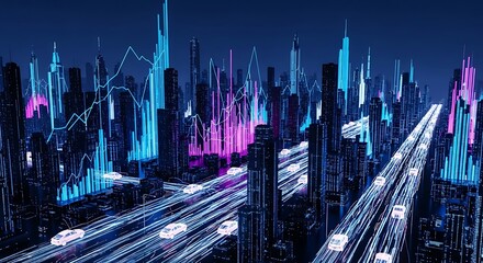 Futuristic urban landscape with vibrant data visualizations and dynamic light trails, embodying advanced technology, digital connectivity, and smart city infrastructure
