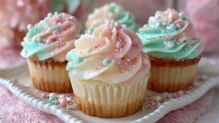 Four pastel cupcakes, swirled frosting, sprinkles