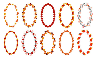 Autumn oval frame set. Oak and maple leaves, apples and acorn with rowan berry branch. Wreathes on transparent background.