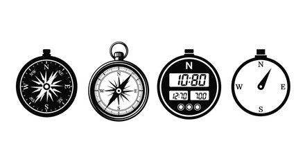 Collection of navigational tools and timekeeping devices isolated on white illustrating exploration and precision vector