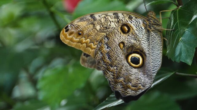 Close up macro of a blue morpho butterfly sitting on a leave in a garden