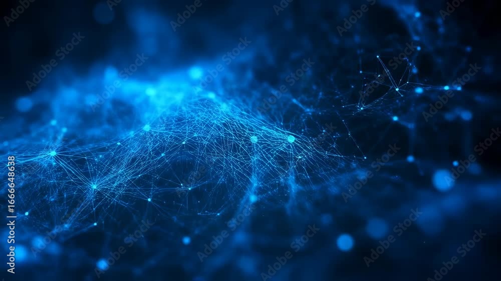 Poster abstract digital network of interconnected nodes and lines, glowing with blue light, representing da