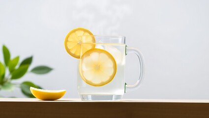 Hot lemon water in glass mug, sliced lemon and steam visible, clean white advertising background
