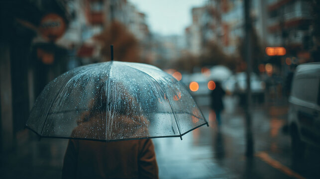 雨に煙る都会の通りを、透明な傘越しに歩く後ろ姿」